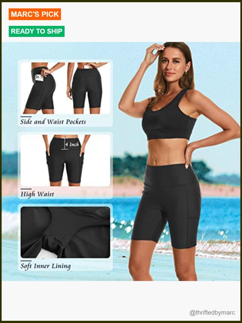 Women's High Waisted Swim Board Shorts UPF 50+ Quick Dry with Pockets Liner - Picture 5 of 7